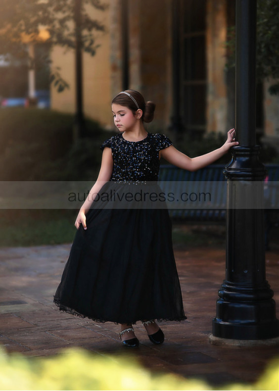 Black Sequin Tulle Flower Girl Dress